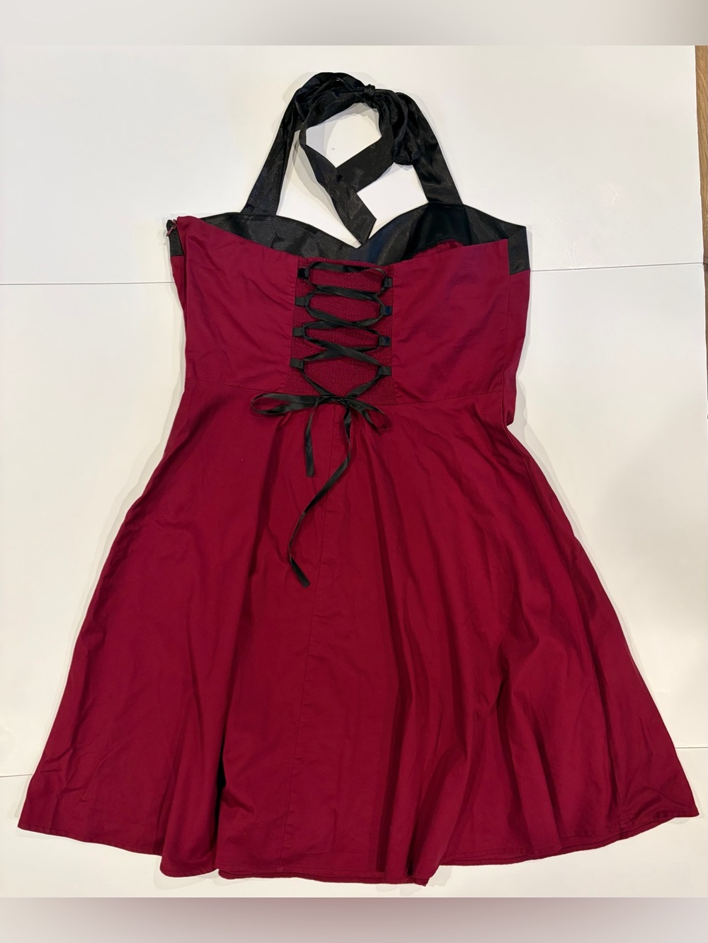 Sleeveless Halter Fit & Flare Dress in Wine with Black Trim - size 2XL - Picture 2 of 6